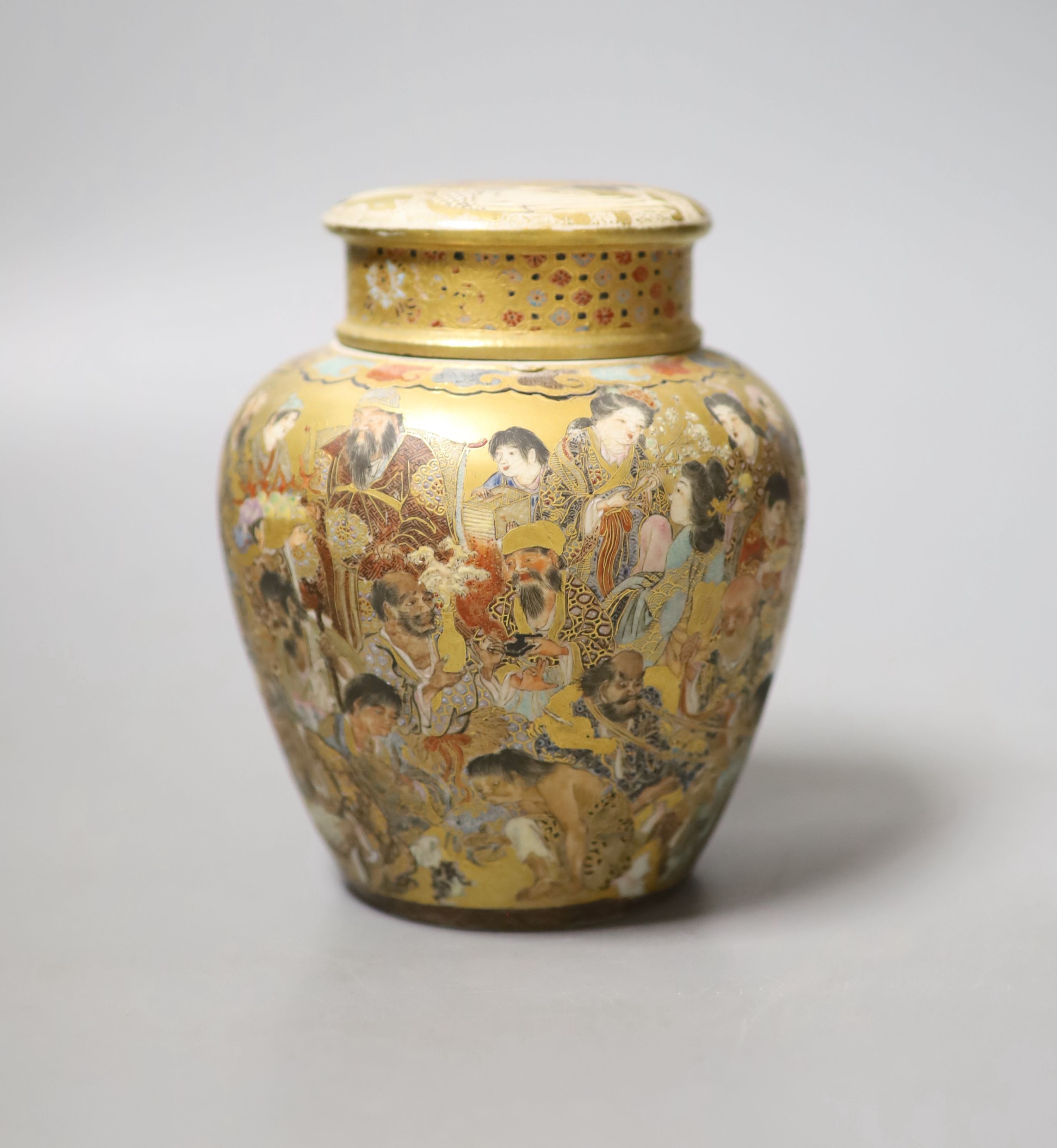 A Japanese satsuma pottery tea canister, inner cover and cover, Meiji period, 14cm